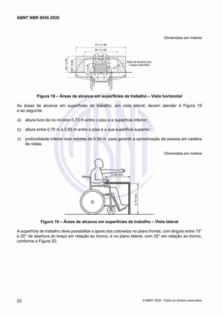 Dimensões em metros
A1 = 1,50
A2
=
0,50
B2
=
0,40
B1 = 1,00
C1 = 0,35
C2
=
0,25
R 0,50
Raio de alcance com
o braço estendido
Figura 18 – Áreas de alcance em superfícies de trabalho – Vista horizontal
As áreas de alcance em superfícies de trabalho, em vista lateral, devem atender à Figura 19
e ao seguinte:
 a)	 altura livre de no mínimo 0,73 m entre o piso e a superfície inferior;
 b)	 altura entre 0,75 m a 0,85 m entre o piso e a sua superfície superior;
 c)	 profundidade inferior livre mínima de 0,50 m, para garantir a aproximação da pessoa em cadeira
de rodas.
Dimensões em metros
0,50 mín.
0,73
mín.
Figura 19 – Áreas de alcance em superfícies de trabalho – Vista lateral
A superfície de trabalho deve possibilitar o apoio dos cotovelos no plano frontal, com ângulo entre 15°
e 20° de abertura do braço em relação ao tronco, e no plano lateral, com 25° em relação ao tronco,
conforme a Figura 20.
22
ABNT NBR 9050:2020
© ABNT 2020 - Todos os direitos reservados
 