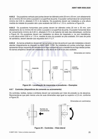 4.6.6.2	 Os puxadores verticais para portas devem ter diâmetro entre 25 mm e 35 mm, com afastamento
de no mínimo 40 mm entre o puxador e a superfície da porta. O puxador vertical deve ter comprimento
mínimo de 0,30 m, afastado 0,10 m do batente. Os puxadores devem ser instalados a uma altura
medida da metade do puxador até o piso acabado de 0,80 m a 1,10 m, conforme a Figura 24.
4.6.6.3	 Os puxadores horizontais para portas devem ter diâmetro entre 25 mm e 35 mm, com
afastamento de no mínimo 40 mm entre o puxador e a superfície da porta. O puxador horizontal deve
ter comprimento mínimo de 0,40 m, afastado 0,10 m do batente (do lado das dobradiças), conforme
a Figura 24. Os puxadores devem ser instalados na altura da maçaneta e, na sua inexistência,
a uma altura entre 0,80 m a 1,10 m, medida do eixo do puxador ao piso acabado. Em caso de porta
de sanitários, devem atender aos requisitos de 6.11.2.7.
4.6.6.4	 As barras antipânico devem ser apropriadas ao tipo de porta em que são instaladas e devem
atender integralmente ao disposto na ABNT NBR 11785. Se instaladas em portas corta-fogo, devem
apresentar tempo requerido de resistência ao fogo compatível com a resistência ao fogo destas portas.
As barras antipânico devem ser instaladas a uma altura de 0,90 m do piso acabado.
Dimensões em metros
Figura 24 – Localização de maçanetas e puxadores – Exemplos
4.6.7	 Controles (dispositivos de comando ou acionamento)
Os controles, botões, teclas e similares devem ser acionados por meio de pressão ou de alavanca.
Recomenda-se que pelo menos uma de suas dimensões seja igual ou superior a 2,5 cm, conforme
a Figura 25.
Dimensões em centímetros
Sentido de
acionamento
≥
2,5
≥ 2,5
Figura 25 – Controles – Vista lateral
25
ABNT NBR 9050:2020
© ABNT 2020 - Todos os direitos reservados
 