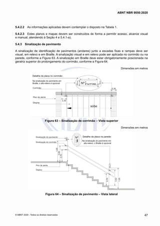 5.4.2.2	 As informações aplicadas devem contemplar o disposto na Tabela 1.
5.4.2.3	 Estes planos e mapas devem ser construídos de forma a permitir acesso, alcance visual
e manual, atendendo à Seção 4 e 5.4.1-a).
5.4.3	 Sinalização de pavimento
A sinalização de identificação de pavimentos (andares) junto a escadas fixas e rampas deve ser
visual, em relevo e em Braille. A sinalização visual e em relevo pode ser aplicada no corrimão ou na
parede, conforme a Figura 63. A sinalização em Braille deve estar obrigatoriamente posicionada na
geratriz superior do prolongamento do corrimão, conforme a Figura 64.
Dimensões em metros
Detalhe da placa no corrimão:
Na sinalização do pavimento em
Braille, o alto-relevo é opcional
Figura 63 – Sinalização de corrimão – Vista superior
Dimensões em metros
Detalhe da placa na parede:
Na sinalização do pavimento em
alto-relevo, o Braille é opcional
Figura 64 – Sinalização de pavimento – Vista lateral
47
ABNT NBR 9050:2020
© ABNT 2020 - Todos os direitos reservados
 