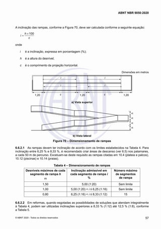A inclinação das rampas, conforme a Figura 70, deve ser calculada conforme a seguinte equação:
100
h
i
c
×
=
onde
i	 é a inclinação, expressa em porcentagem (%);
h	 é a altura do desnível;
c	 é o comprimento da projeção horizontal.
Dimensões em metros
1,20 1,20
1,20
c
i
i
c
i
i
a) Vista superior
a) Vista superior
h
h
h
h
b) Vista lateral
b) Vista lateral
Figura 70 – Dimensionamento de rampas
6.6.2.1	 As rampas devem ter inclinação de acordo com os limites estabelecidos na Tabela 4. Para
inclinação entre 6,25 % e 8,33 %, é recomendado criar áreas de descanso (ver 6.5) nos patamares,
a cada 50 m de percurso. Excetuam-se deste requisito as rampas citadas em 10.4 (plateia e palcos),
10.12 (piscinas) e 10.14 (praias).
Tabela 4 – Dimensionamento de rampas
Desníveis máximos de cada
segmento de rampa h
m
Inclinação admissível em
cada segmento de rampa i
%
Número máximo
de segmentos
de rampa
1,50 5,00 (1:20) Sem limite
1,00 5,00 (1:20) < i ≤ 6,25 (1:16) Sem limite
0,80 6,25 (1:16) < i ≤ 8,33 (1:12) 15
6.6.2.2	 Em reformas, quando esgotadas as possibilidades de soluções que atendam integralmente
à Tabela 4, podem ser utilizadas inclinações superiores a 8,33 % (1:12) até 12,5 % (1:8), conforme
a Tabela 5.
57
ABNT NBR 9050:2020
© ABNT 2020 - Todos os direitos reservados
 