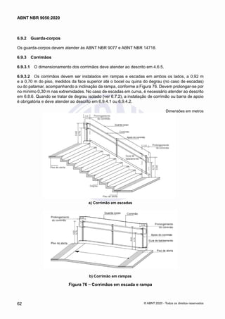 6.9.2	 Guarda-corpos
Os guarda-corpos devem atender às ABNT NBR 9077 e ABNT NBR 14718.
6.9.3	 Corrimãos
6.9.3.1	 O dimensionamento dos corrimãos deve atender ao descrito em 4.6.5.
6.9.3.2	 Os corrimãos devem ser instalados em rampas e escadas em ambos os lados, a 0,92 m
e a 0,70 m do piso, medidos da face superior até o bocel ou quina do degrau (no caso de escadas)
ou do patamar, acompanhando a inclinação da rampa, conforme a Figura 76. Devem prolongar-se por
no mínimo 0,30 m nas extremidades. No caso de escadas em curva, é necessário atender ao descrito
em 6.8.6. Quando se tratar de degrau isolado (ver 6.7.2), a instalação de corrimão ou barra de apoio
é obrigatória e deve atender ao descrito em 6.9.4.1 ou 6.9.4.2.
Dimensões em metros
Guarda-corpo
Apoio do corrimão
a) Corrimão em escadas
Guarda-corpo
Apoio do corrimão
b) Corrimão em rampas
Figura 76 – Corrimãos em escada e rampa
62
ABNT NBR 9050:2020
© ABNT 2020 - Todos os direitos reservados
 