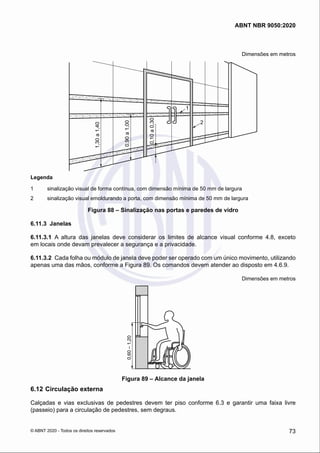 Dimensões em metros
1
2
0,10
a
0,30
0,90
a
1,00
1,30
a
1,40
Legenda
1	 sinalização visual de forma contínua, com dimensão mínima de 50 mm de largura
2	 sinalização visual emoldurando a porta, com dimensão mínima de 50 mm de largura
Figura 88 – Sinalização nas portas e paredes de vidro
6.11.3	 Janelas
6.11.3.1	 A altura das janelas deve considerar os limites de alcance visual conforme 4.8, exceto
em locais onde devam prevalecer a segurança e a privacidade.
6.11.3.2	 Cada folha ou módulo de janela deve poder ser operado com um único movimento, utilizando
apenas uma das mãos, conforme a Figura 89. Os comandos devem atender ao disposto em 4.6.9.
Dimensões em metros
0,60
–
1,20
Figura 89 – Alcance da janela
6.12	Circulação externa
Calçadas e vias exclusivas de pedestres devem ter piso conforme 6.3 e garantir uma faixa livre
(passeio) para a circulação de pedestres, sem degraus.
73
ABNT NBR 9050:2020
© ABNT 2020 - Todos os direitos reservados
 