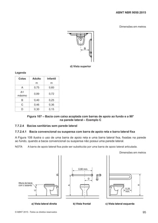 Dimensões em metros
B
d) Vista superior
Legenda
Cotas Adulto
m
Infantil
m
A 0,75 0,60
A1
máximo
0,89 0,72
B 0,40 0,25
C 0,46 0,36
D 0,30 0,15
Figura 107 – Bacia com caixa acoplada com barras de apoio ao fundo e a 90°
na parede lateral – Exemplo C
7.7.2.4 Bacias sanitárias sem parede lateral
7.7.2.4.1 Bacia convencional ou suspensa com barra de apoio reta e barra lateral fixa
A Figura 108 ilustra o uso de uma barra de apoio reta e uma barra lateral fixa, fixadas na parede
ao fundo, quando a bacia convencional ou suspensa não possui uma parede lateral.
NOTA A barra de apoio lateral fixa pode ser substituída por uma barra de apoio lateral articulada.
Dimensões em metros
0,20
mín.
A
0,80 mín.
A
D
C
Altura da bacia
com o assento
a) Vista lateral direita b) Vista frontal c) Vista lateral esquerda
95
ABNT NBR 9050:2015
© ABNT 2015 - Todos os direitos reservados
 