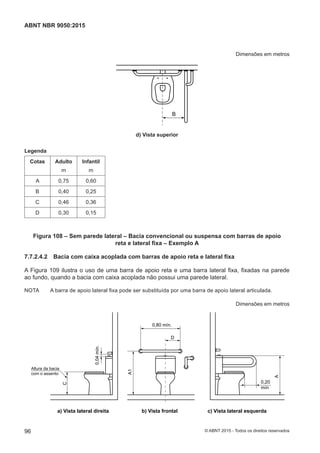 Dimensões em metros
d) Vista superior
B
d) Vista superior
Legenda
Cotas Adulto
m
Infantil
m
A 0,75 0,60
B 0,40 0,25
C 0,46 0,36
D 0,30 0,15
Figura 108 – Sem parede lateral – Bacia convencional ou suspensa com barras de apoio
reta e lateral fixa – Exemplo A
7.7.2.4.2 Bacia com caixa acoplada com barras de apoio reta e lateral fixa
A Figura 109 ilustra o uso de uma barra de apoio reta e uma barra lateral fixa, fixadas na parede
ao fundo, quando a bacia com caixa acoplada não possui uma parede lateral.
NOTA A barra de apoio lateral fixa pode ser substituída por uma barra de apoio lateral articulada.
Dimensões em metros
0,20
mín
A
0,80 mín.
A1
D
C
Altura da bacia
com o assento
a) Vista lateral direita b) Vista frontal c) Vista lateral esquerda
0,04mín.
96
ABNT NBR 9050:2015
© ABNT 2015 - Todos os direitos reservados
 