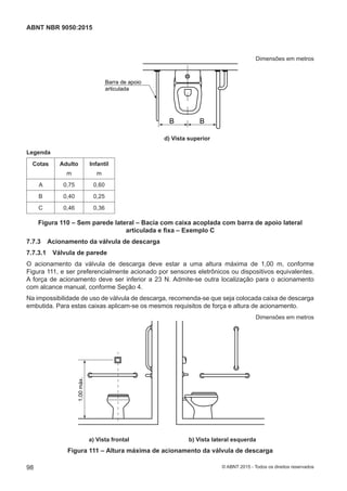 Dimensões em metros
d) Vista superior
BB
Barra de apoio
articulada
d) Vista superior
Legenda
Cotas Adulto
m
Infantil
m
A 0,75 0,60
B 0,40 0,25
C 0,46 0,36
Figura 110 – Sem parede lateral – Bacia com caixa acoplada com barra de apoio lateral
articulada e fixa – Exemplo C
7.7.3 Acionamento da válvula de descarga
7.7.3.1 Válvula de parede
O acionamento da válvula de descarga deve estar a uma altura máxima de 1,00 m, conforme
Figura 111, e ser preferencialmente acionado por sensores eletrônicos ou dispositivos equivalentes.
A força de acionamento deve ser inferior a 23 N. Admite-se outra localização para o acionamento
com alcance manual, conforme Seção 4.
Na impossibilidade de uso de válvula de descarga, recomenda-se que seja colocada caixa de descarga
embutida. Para estas caixas aplicam-se os mesmos requisitos de força e altura de acionamento.
Dimensões em metros
1,00máx.
a) Vista frontal b) Vista lateral esquerdaa) Vista frontal b) Vista lateral esquerda
Figura 111 – Altura máxima de acionamento da válvula de descarga
98
ABNT NBR 9050:2015
© ABNT 2015 - Todos os direitos reservados
 
