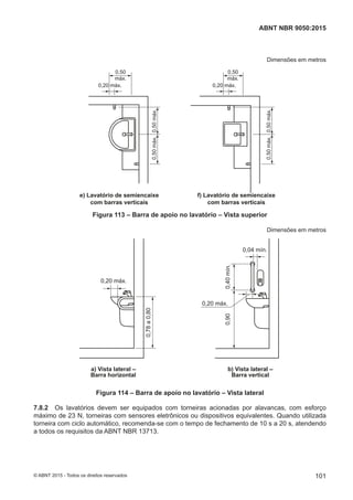Dimensões em metros
e) Lavatório de semiencaixe
com barras verticais
f) Lavatório de semiencaixe
com barras verticais
0,50
máx.
0,20 máx.
0,50
máx.
0,20 máx.
0,50máx.0,50máx.
0,50máx.0,50máx.
Figura 113 – Barra de apoio no lavatório – Vista superior
Dimensões em metros
0,04 mín.
0,20 máx.
0,20 máx.
a) Vista lateral –
Barra horizontal
b) Vista lateral –
Barra vertical
0,40mín.0,90
0,78a0,80
Figura 114 – Barra de apoio no lavatório – Vista lateral
7.8.2 Os lavatórios devem ser equipados com torneiras acionadas por alavancas, com esforço
máximo de 23 N, torneiras com sensores eletrônicos ou dispositivos equivalentes. Quando utilizada
torneira com ciclo automático, recomenda-se com o tempo de fechamento de 10 s a 20 s, atendendo
a todos os requisitos da ABNT NBR 13713.
101
ABNT NBR 9050:2015
© ABNT 2015 - Todos os direitos reservados
 