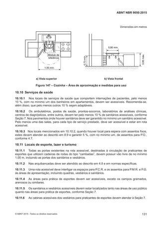 Dimensões em metros
1,50 mín.
Módulo de
referência
0,80 mín.
0,85máx.
0,73mín.
a) Vista superior b) Vista frontal
Figura 147 – Cozinha – Área de aproximação e medidas para uso
10.10 Serviços de saúde
10.10.1 Nos locais de serviços de saúde que comportem internações de pacientes, pelo menos
10 %, com no mínimo um dos banheiros em apartamentos, devem ser acessíveis. Recomenda-se,
além disso, que pelo menos outros 10 % sejam adaptáveis.
10.10.2 Os ambulatórios, postos de saúde, prontos-socorros, laboratórios de análises clínicas,
centros de diagnósticos, entre outros, devem ter pelo menos 10 % de sanitários acessíveis, conforme
Seção 7. Nos pavimentos onde houver sanitários deve ser garantido no mínimo um sanitário acessível.
Pelo menos uma das salas, para cada tipo de serviço prestado, deve ser acessível e estar em rota
acessível.
10.10.3 Nos locais mencionados em 10.10.2, quando houver local para espera com assentos fixos,
estes devem atender ao descrito em 8.9 e garantir 5 %, com no mínimo um, de assentos para P.O.,
conforme 4.7.
10.11 Locais de esporte, lazer e turismo
10.11.1 Todas as portas existentes na rota acessível, destinadas à circulação de praticantes de
esportes que utilizem cadeiras de rodas do tipo “cambadas”, devem possuir vão livre de no mínimo
1,00 m, incluindo as portas dos sanitários e vestiários.
10.11.2 Nas arquibancadas deve ser atendido ao descrito em 4.8 e em normas específicas.
10.11.3 Uma rota acessível deve interligar os espaços para P.C.R. e os assentos para P.M.R. e P.O.
às áreas de apresentação, incluindo quadras, vestiários e sanitários.
10.11.4 As áreas para prática de esportes devem ser acessíveis, exceto os campos gramados,
arenosos ou similares.
10.11.5 Os sanitários e vestiários acessíveis devem estar localizados tanto nas áreas de uso público
quanto nas áreas para prática de esportes, conforme Seção 7.
10.11.6 As cabinas acessíveis dos vestiários para praticantes de esportes devem atender à Seção 7.
131
ABNT NBR 9050:2015
© ABNT 2015 - Todos os direitos reservados
 