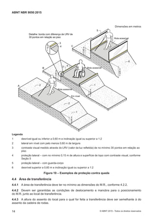 Dimensões em metros
>0,60m
>0,60m
6
5
C
43
>0,60m
>15cm
4
3
B
A 2
2
1
>0,60m
Rota acessível
Em nível
Rota acessível
Rota acessível
Detalhe: borda com diferença de LRV de
30 pontos em relação ao piso
1
>0,60m
Legenda
1 desnível igual ou inferior a 0,60 m e inclinação igual ou superior a 1:2
2 lateral em nível com pelo menos 0,60 m de largura
3 contraste visual medido através do LRV (valor da luz refletida) de no mínimo 30 pontos em relação ao
piso
4 proteção lateral – com no mínimo 0,15 m de altura e superfície de topo com contraste visual, conforme
Seção 5
5 proteção lateral – com guarda-corpo
6 desnível superior a 0,60 m e inclinação igual ou superior a 1:2
Figura 10 – Exemplos de proteção contra queda
4.4 Área de transferência
4.4.1 A área de transferência deve ter no mínimo as dimensões do M.R., conforme 4.2.2.
4.4.2 Devem ser garantidas as condições de deslocamento e manobra para o posicionamento
do M.R. junto ao local de transferência.
4.4.3 A altura do assento do local para o qual for feita a transferência deve ser semelhante à do
assento da cadeira de rodas.
14
ABNT NBR 9050:2015
© ABNT 2015 - Todos os direitos reservados
 