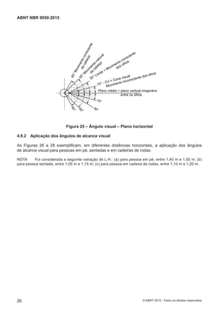 60°Movimentoconsciente
dacabeça
45°M
ovim
ento
natural
da
cabeça
30° Limite = Movimento consciente
dos olhos
15° - CV = Cone visual
Movimento inconsciente dos olhos
Plano médio = plano vertical imaginário
entre os olhos
15°
30°
45°
60°
Figura 25 – Ângulo visual – Plano horizontal
4.8.2 Aplicação dos ângulos de alcance visual
As Figuras 26 a 28 exemplificam, em diferentes distâncias horizontais, a aplicação dos ângulos
de alcance visual para pessoas em pé, sentadas e em cadeiras de rodas.
NOTA Foi considerada a seguinte variação de L.H.: (a) para pessoa em pé, entre 1,40 m e 1,50 m; (b)
para pessoa sentada, entre 1,05 m e 1,15 m; (c) para pessoa em cadeira de rodas, entre 1,10 m e 1,20 m.
26
ABNT NBR 9050:2015
© ABNT 2015 - Todos os direitos reservados
 