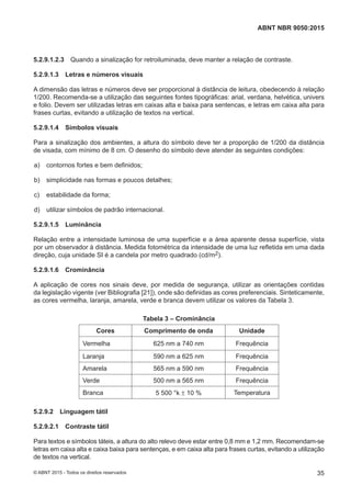 5.2.9.1.2.3 Quando a sinalização for retroiluminada, deve manter a relação de contraste.
5.2.9.1.3 Letras e números visuais
A dimensão das letras e números deve ser proporcional à distância de leitura, obedecendo à relação
1/200. Recomenda-se a utilização das seguintes fontes tipográficas: arial, verdana, helvética, univers
e folio. Devem ser utilizadas letras em caixas alta e baixa para sentencas, e letras em caixa alta para
frases curtas, evitando a utilização de textos na vertical.
5.2.9.1.4 Símbolos visuais
Para a sinalização dos ambientes, a altura do símbolo deve ter a proporção de 1/200 da distância
de visada, com mínimo de 8 cm. O desenho do símbolo deve atender às seguintes condições:
 a) contornos fortes e bem definidos;
 b) simplicidade nas formas e poucos detalhes;
 c) estabilidade da forma;
 d) utilizar símbolos de padrão internacional.
5.2.9.1.5 Luminância
Relação entre a intensidade luminosa de uma superfície e a área aparente dessa superfície, vista
por um observador à distância. Medida fotométrica da intensidade de uma luz refletida em uma dada
direção, cuja unidade SI é a candela por metro quadrado (cd/m2).
5.2.9.1.6 Crominância
A aplicação de cores nos sinais deve, por medida de segurança, utilizar as orientações contidas
da legislação vigente (ver Bibliografia [21]), onde são definidas as cores preferenciais. Sinteticamente,
as cores vermelha, laranja, amarela, verde e branca devem utilizar os valores da Tabela 3.
Tabela 3 – Crominância
Cores Comprimento de onda Unidade
Vermelha 625 nm a 740 nm Frequência
Laranja 590 nm a 625 nm Frequência
Amarela 565 nm a 590 nm Frequência
Verde 500 nm a 565 nm Frequência
Branca 5 500 °k ± 10 % Temperatura
5.2.9.2 Linguagem tátil
5.2.9.2.1 Contraste tátil
Para textos e símbolos táteis, a altura do alto relevo deve estar entre 0,8 mm e 1,2 mm. Recomendam-se
letras em caixa alta e caixa baixa para sentenças, e em caixa alta para frases curtas, evitando a utilização
de textos na vertical.
35
ABNT NBR 9050:2015
© ABNT 2015 - Todos os direitos reservados
 