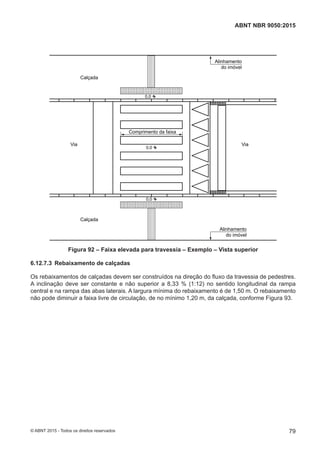 0,0
0,0
ViaVia
Calçada
Alinhamento
do imóvel
Calçada
Alinhamento
do imóvel
Comprimento da faixa
0,0
Figura 92 – Faixa elevada para travessia – Exemplo – Vista superior
6.12.7.3 Rebaixamento de calçadas
Os rebaixamentos de calçadas devem ser construídos na direção do fluxo da travessia de pedestres.
A inclinação deve ser constante e não superior a 8,33 % (1:12) no sentido longitudinal da rampa
central e na rampa das abas laterais. A largura mínima do rebaixamento é de 1,50 m. O rebaixamento
não pode diminuir a faixa livre de circulação, de no mínimo 1,20 m, da calçada, conforme Figura 93.
79
ABNT NBR 9050:2015
© ABNT 2015 - Todos os direitos reservados
 