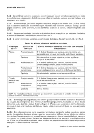 7.4.2 Os sanitários, banheiros e vestiários acessíveis devem possuir entrada independente, de modo
a possibilitar que a pessoa com deficiência possa utilizar a instalação sanitária acompanhada de uma
pessoa do sexo oposto.
7.4.2.1 Recomenda-se, para locais de prática esportiva, terapêutica e demais usos (10.11 e 10.12),
que os vestiários acessíveis excedentes sejam instalados nos banheiros coletivos, ou seja, que as
peças acessíveis, como chuveiros, bacias sanitárias, lavatórios e bancos, estejam integrados aos
demais.
7.4.2.2 Devem ser instalados dispositivos de sinalização de emergência em sanitários, banheiros
e vestiários acessíveis, atendendo ao disposto em 5.6.4.1.
7.4.3 O número mínimo de sanitários acessíveis está definido na Tabela 9 e em 7.4.3.1 a 7.4.3.3.
Tabela 9 – Número mínimo de sanitários acessíveis
Edificação
de uso
Situação da
edificação
Número mínimo de sanitários acessíveis com entradas
independentes
Público A ser construída 5 % do total de cada peça sanitária, com no mínimo um,
para cada sexo em cada pavimento, onde houver sanitários
Existente Um por pavimento, onde houver ou onde a legislação
obrigar a ter sanitários
Coletivo A ser construída 5 % do total de cada peça sanitária, com no mínimo
um em cada pavimento, onde houver sanitário
A ser ampliada
ou reformada
5 % do total de cada peça sanitária, com no mínimo
um em cada pavimento acessível, onde houver sanitário
Existente Uma instalação sanitária, onde houver sanitários
Privado
áreas de uso
comum
A ser construída 5 % do total de cada peça sanitária, com no mínimo um,
onde houver sanitários
A ser ampliada
ou reformada
5 % do total de cada peça sanitária, com no mínimo
um por bloco
Existente Um no mínimo
NOTA As instalações sanitárias acessíveis que excederem a quantidade de unidades mínimas podem
localizar-se na área interna dos sanitários.
7.4.3.1 Em espaços de uso público ou uso coletivo que apresentem unidades autônomas de comércio
ou serviços, deve ser previsto à no mínimo um sanitário por pavimento, localizado nas áreas de uso
comum do andar. Quando o calculo da porcentagem de 5 % de peças sanitárias do pavimento resultar
em mais do que uma instalação sanitária ou fração, estas devem ser divididas por sexo para cada
pavimento.
7.4.3.2 Em estabelecimentos como shoppings, terminais de transporte, clubes esportivos, arenas
verdes (ou estádios), locais de shows e eventos ou em outros edifícios de uso público ou coletivo,
com instalações permanentes ou temporárias que, dependendo da sua especificidade ou natureza,
concentrem um grande número de pessoas, independentemente de atender à quantidade mínima
de 5 % de peças sanitárias acessíveis, deve também ser previsto um sanitário acessível para cada
sexo junto a cada conjunto de sanitários.
84
ABNT NBR 9050:2015
© ABNT 2015 - Todos os direitos reservados
 