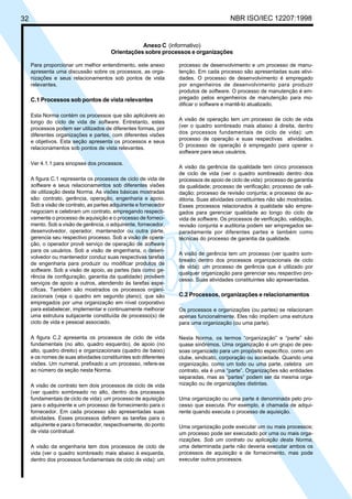 32 NBR ISO/IEC 12207:1998
Anexo C (informativo)
Orientações sobre processos e organizações
Para proporcionar um melhor entendimento, este anexo
apresenta uma discussão sobre os processos, as orga-
nizações e seus relacionamentos sob pontos de vista
relevantes.
C.1 Processos sob pontos de vista relevantes
Esta Norma contém os processos que são aplicáveis ao
longo do ciclo de vida de software. Entretanto, estes
processos podem ser utilizados de diferentes formas, por
diferentes organizações e partes, com diferentes visões
e objetivos. Esta seção apresenta os processos e seus
relacionamentos sob pontos de vista relevantes.
Ver 4.1.1 para sinopses dos processos.
A figura C.1 representa os processos de ciclo de vida de
software e seus relacionamentos sob diferentes visões
de utilização desta Norma. As visões básicas mostradas
são: contrato, gerência, operação, engenharia e apoio.
Sob a visão de contrato, as partes adquirente e fornecedor
negociam e celebram um contrato, empregando respecti-
vamente o processo de aquisição e o processo de forneci-
mento. Sob a visão de gerência, o adquirente, fornecedor,
desenvolvedor, operador, mantenedor ou outra parte,
gerencia seu respectivo processo. Sob a visão de opera-
ção, o operador provê serviço de operação de software
para os usuários. Sob a visão de engenharia, o desen-
volvedor ou mantenedor conduz suas respectivas tarefas
de engenharia para produzir ou modificar produtos de
software. Sob a visão de apoio, as partes (tais como ge-
rência de configuração, garantia da qualidade) provêem
serviços de apoio a outros, atendendo às tarefas espe-
cíficas. Também são mostrados os processos organi-
zacionais (veja o quadro em segundo plano); que são
empregados por uma organização em nível corporativo
para estabelecer, implementar e continuamente melhorar
uma estrutura subjacente constituída de processo(s) de
ciclo de vida e pessoal associado.
A figura C.2 apresenta os processos de ciclo de vida
fundamentais (no alto, quadro esquerdo), de apoio (no
alto, quadro direito) e organizacionais (quadro de baixo)
e os nomes de suas atividades constituintes sob diferentes
visões. Um numeral, prefixado a um processo, refere-se
ao número da seção nesta Norma.
A visão de contrato tem dois processos de ciclo de vida
(ver quadro sombreado no alto, dentro dos processos
fundamentais de ciclo de vida): um processo de aquisição
para o adquirente e um processo de fornecimento para o
fornecedor. Em cada processo são apresentadas suas
atividades. Esses processos definem as tarefas para o
adquirente e para o fornecedor, respectivamente, do ponto
de vista contratual.
A visão da engenharia tem dois processos de ciclo de
vida (ver o quadro sombreado mais abaixo à esquerda,
dentro dos processos fundamentais de ciclo de vida): um
processo de desenvolvimento e um processo de manu-
tenção. Em cada processo são apresentadas suas ativi-
dades. O processo de desenvolvimento é empregado
por engenheiros de desenvolvimento para produzir
produtos de software. O processo de manutenção é em-
pregado pelos engenheiros de manutenção para mo-
dificar o software e mantê-lo atualizado.
A visão de operação tem um processo de ciclo de vida
(ver o quadro sombreado mais abaixo à direita, dentro
dos processos fundamentais de ciclo de vida): um
processo de operação e suas respectivas atividades.
O processo de operação é empregado para operar o
software para seus usuários.
A visão da gerência da qualidade tem cinco processos
de ciclo de vida (ver o quadro sombreado dentro dos
processos de apoio de ciclo de vida): processo de garantia
da qualidade; processo de verificação; processo de vali-
dação; processo de revisão conjunta; e processo de au-
ditoria. Suas atividades constituintes não são mostradas.
Esses processos relacionados à qualidade são empre-
gados para gerenciar qualidade ao longo do ciclo de
vida de software. Os processos de verificação, validação,
revisão conjunta e auditoria podem ser empregados se-
paradamente por diferentes partes e também como
técnicas do processo de garantia da qualidade.
A visão de gerência tem um processo (ver quadro som-
breado dentro dos processos organizacionais de ciclo
de vida): um processo de gerência que é utilizado por
qualquer organização para gerenciar seu respectivo pro-
cesso. Suas atividades constituintes são apresentadas.
C.2 Processos, organizações e relacionamentos
Os processos e organizações (ou partes) se relacionam
apenas funcionalmente. Eles não impõem uma estrutura
para uma organização (ou uma parte).
Nesta Norma, os termos “organização” e “parte” são
quase sinônimos. Uma organização é um grupo de pes-
soas organizado para um propósito específico, como um
clube, sindicato, corporação ou sociedade. Quando uma
organização, como um todo ou uma parte, celebra um
contrato, ela é uma “parte”. Organizações são entidades
separadas, mas as “partes” podem ser da mesma orga-
nização ou de organizações distintas.
Uma organização ou uma parte é denominada pelo pro-
cesso que executa. Por exemplo, é chamada de adqui-
rente quando executa o processo de aquisição.
Uma organização pode executar um ou mais processos;
um processo pode ser executado por uma ou mais orga-
nizações. Sob um contrato ou aplicação desta Norma,
uma determinada parte não deveria executar ambos os
processos de aquisição e de fornecimento, mas pode
executar outros processos.
Cópia não autorizada
 
