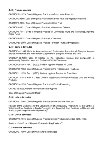 C.1.6 Frutas e vegetais
CAC/RCP 22-1979, Code of Hygienic Practice for Groundnuts (Peanuts)
CAC/RCP 2-1969, Code of Hygienic Practice for Canned Fruit and Vegetable Products
CAC/RCP 3-1969, Code of Hygienic Practice for Dried Fruit
CAC/RCP 4-1971, Code of Hygienic Practice for Desiccated Coconut
CAC/RCP 5-1971, Code of Hygienic Practice for Dehydrated Fruits and Vegetables, including
Edible Fungi
CAC/RCP 6-1972, Code of Hygienic Practice for Tree Nuts
CAC/RCP 53-2003, Code of Hygienic Practice For Fresh Fruits and Vegetables
C.1.7 Carne e derivados
CAC/RCP 41-1993, Code for Ante-mortem and Post-mortem Inspection of Slaughter Animals
and for Antemortem and Post-mortem Judgement of Slaughter Animals and Meat
CAC/RCP 32-1983, Code of Practice for the Production, Storage and Composition of
Mechanically Separated Meat and Poultry for Further Processing
CAC/RCP 29-1983, Rev. 1 (1993), Code of Hygienic Practice for Game
CAC/RCP 30-1983, Code of Hygienic Practice for the Processing of Frog Legs
CAC/RCP 11-1976, Rev. 1 (1993), Code of Hygienic Practice for Fresh Meat
CAC/RCP 13-1976, Rev. 1 (1985), Code of Hygienic Practice for Processed Meat and Poultry
Products
CAC/RCP 14-1976, Code of Hygienic Practice for Poultry Processing
CAC/GL 52-2003, General Principles of Meat Hygiene
Code of Hygienic Practice for Meat2)
C.1.8 Leite e derivados
CAC/RCP 57-2004, Code of Hygienic Practice for Milk and Milk Products
Revision of the Guidelines for the Establishment of a Regulatory Programme for the Control of
Veterinary Drug Residues in Foods Prevention and Control of Drug Residues in Milk and Milk
Products (including milk and milk products)2)
C.1.9 Ovos e derivados
CAC/RCP 15-1976, Code of Hygienic Practice for Egg Products (amended 1978, 1985)
Revision of the Code of Hygienic Practice for Egg Products5)
C.1.10 Peixe e derivados
CAC/RCP 37-1989, Code of Practice for Cephalopods
 