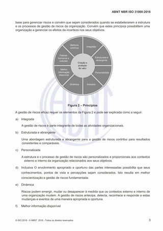 ABNT NBR ISO 31000:2018
© ISO 2018 - © ABNT 2018 - Todos os direitos reservados 3
base para gerenciar riscos e convém que sejam considerados quando se estabelecerem a estrutura
e os processos de gestão de riscos da organização. Convém que estes princípios possibilitem uma
organização a gerenciar os efeitos da incerteza nos seus objetivos.
Figura 2 – Princípios
A gestão de riscos eficaz requer os elementos da Figura 2 e pode ser explicada como a seguir.
a) Integrada
A gestão de riscos é parte integrante de todas as atividades organizacionais.
b) Estruturada e abrangente
Uma abordagem estruturada e abrangente para a gestão de riscos contribui para resultados
consistentes e comparáveis.
c) Personalizada
A estrutura e o processo de gestão de riscos são personalizados e proporcionais aos contextos
externo e interno da organização relacionados aos seus objetivos.
d) Inclusiva O envolvimento apropriado e oportuno das partes interessadas possibilita que seus
conhecimentos, pontos de vista e percepções sejam considerados. Isto resulta em melhor
conscientização e gestão de riscos fundamentada.
e) Dinâmica
Riscos podem emergir, mudar ou desaparecer à medida que os contextos externo e interno de
uma organização mudem. A gestão de riscos antecipa, detecta, reconhece e responde a estas
mudanças e eventos de uma maneira apropriada e oportuna.
f) Melhor informação disponível
Melhoria
contínua
Fatores
humanos e
culturais
Integrada
Estruturada e
abrangente
Criação e
proteção
de valor
Personalizada
Inclusiva
Dinâmica
Melhor
Informação
disponível
 