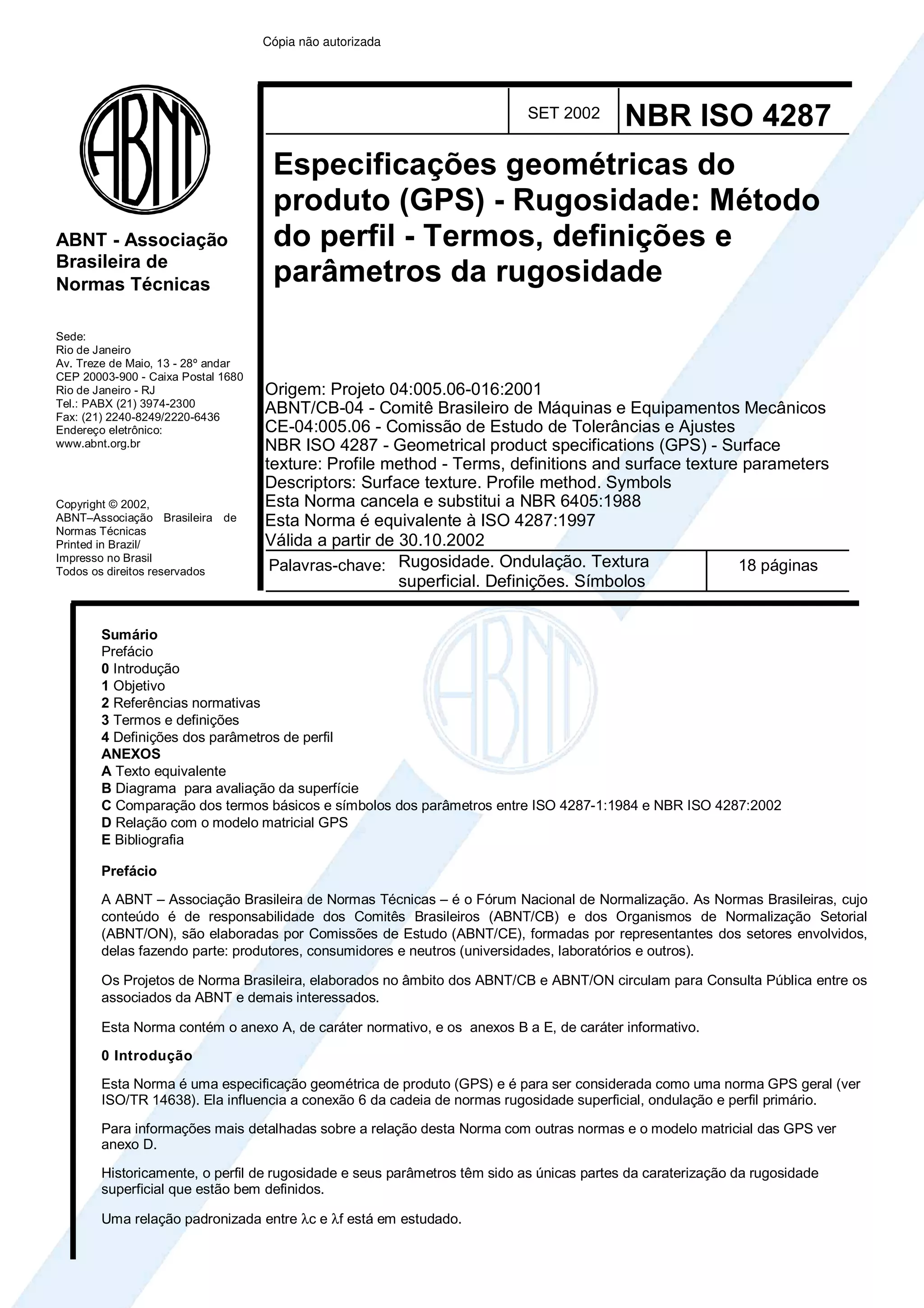 Abnt Rugosidade Abnt nbr iso 4287 rugosidade - método do perfil - termos, definições e ...