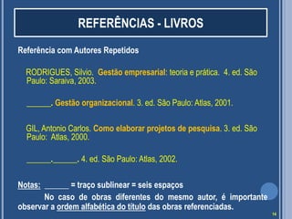 REFERÊNCIAS - LIVROS
Referência com Autores Repetidos
RODRIGUES, Silvio. Gestão empresarial: teoria e prática. 4. ed. São
Paulo: Saraiva, 2003.
______. Gestão organizacional. 3. ed. São Paulo: Atlas, 2001.
GIL, Antonio Carlos. Como elaborar projetos de pesquisa. 3. ed. São
Paulo: Atlas, 2000.
______.______. 4. ed. São Paulo: Atlas, 2002.
Notas: ______ = traço sublinear = seis espaços
No caso de obras diferentes do mesmo autor, é importante
observar a ordem alfabética do título das obras referenciadas.
14

 