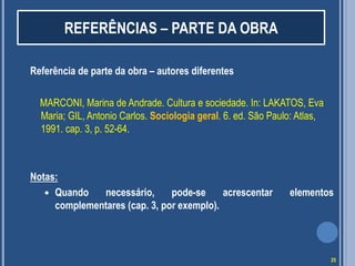 REFERÊNCIAS – PARTE DA OBRA
Referência de parte da obra – autores diferentes
MARCONI, Marina de Andrade. Cultura e sociedade. In: LAKATOS, Eva
Maria; GIL, Antonio Carlos. Sociologia geral. 6. ed. São Paulo: Atlas,
1991. cap. 3, p. 52-64.

Notas:
 Quando
necessário,
pode-se
acrescentar
complementares (cap. 3, por exemplo).

elementos

25

 