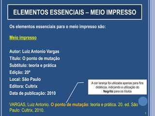 ELEMENTOS ESSENCIAIS – MEIO IMPRESSO
Os elementos essenciais para o meio impresso são:
Meio impresso
Autor: Luiz Antonio Vargas
Título: O ponto de mutação
Subtítulo: teoria e prática
Edição: 20ª
Local: São Paulo
Editora: Cultrix
Data de publicação: 2010

A cor laranja foi utilizada apenas para fins
didáticos, indicando a utilização do
Negrito para os títulos

VARGAS, Luiz Antonio. O ponto de mutação: teoria e prática. 20. ed. São
Paulo: Cultrix, 2010.

7

 