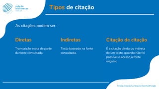 Tipos de citação
Diretas
Transcrição exata de parte
da fonte consultada.
Indiretas
Texto baseado na fonte
consultada.
Citação de citação
É a citação direta ou indireta
de um texto, quando não foi
possível o acesso à fonte
original.
As citações podem ser:
 