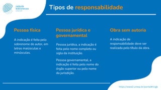 Tipos de responsabilidade
Pessoa física
A indicação é feita pelo
sobrenome do autor, em
letras maiúsculas e
minúsculas.
Pessoa jurídica e
governamental
Pessoa jurídica, a indicação é
feita pelo nome completo ou
sigla da instituição.
Pessoa governamental, a
indicação é feita pelo nome do
órgão superior ou pelo nome
da jurisdição.
Obra sem autoria
A indicação de
responsabilidade deve ser
realizada pelo título da obra.
 