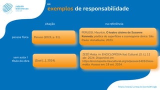exemplos de responsabilidade
Perussi (2023, p. 31).
PERUSSI, Maurício. O teatro cósimo de Susanne
Kennedy: poética de superfícies e cosmogonia cênica. São
Paulo: Annablume, 2023.
pessoa física
citação na referência
(Zezé […], 2024).
ZEZÉ Motta. In: ENCICLOPÉDIA Itaú Cultural. [S. l.], 12
abr. 2024. Disponível em:
https://enciclopedia.itaucultural.org.br/pessoa14032/zeze-
motta. Acesso em: 19 set. 2024.
sem autor /
título da obra
 