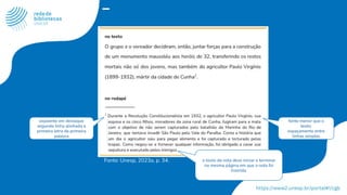 fonte menor que o
texto;
espaçamento entre
linhas simples
expoente em destaque
segunda linha alinhada a
primeira letra da primeira
palavra
o texto da nota deve iniciar e terminar
na mesma página em que a nota foi
inserida.
Fonte: Unesp, 2023a, p. 34.
 