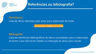 Referências ou bibliograﬁa?
Referências
Lista de obras utilizadas pelo autor para elaboração do texto.
deve estar citadas no texto
Bibliograﬁa
Lista de referências bibliográﬁcas de obras consultadas para a elaboração
do texto e que não foram citadas ou indicação de obras para estudo
 