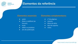 Elementos da referência
Elementos essenciais
● autor;
● título e subtítulo (se
houver);
● local;
● editor ou produtor;
● ano de publicação.
Elementos complementares
● n° de páginas;
● volume;
● título da série;
● tipo de suporte;
● notas.
 
