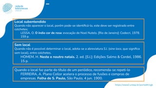 Quando o local faz parte do título de um periódico, recomenda-se repeti-lo
FERREIRA, A. Plano Collor acelera o processo de fusões e compras de
empresas. Folha de S. Paulo, São Paulo, 4 jun. 1900.
Sem local
Quando não é possível determinar o local, adota-se a abreviatura S.l. (sine loco, que signiﬁca
sem local), entre colchetes.
HOMEM, H. Neste e noutro natais. 2. ed. [S.l.]: Edições Salmo & Cordel, 1986.
15 p.
Local subentendido
Quando não aparecer o local, porém pode-se identiﬁcá-lo, este deve ser registrado entre
colchetes;
LESSA, O. O índio cor de rosa: evocação de Noel Nutels. [Rio de Janeiro]: Codecri, 1978.
159 p.
 