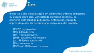 Data
Indica-se o ano de publicação em algarismos arábicos sem ponto
ou espaço entre eles. Considerado elemento essencial, se
nenhuma data (ano) de publicação, distribuição, copirraite,
impressão puder ser determinada, indica-se entre colchete:
[1985?] data provável
[199-] década certa
[19--?] século provável
[1985] data certa, não indicada
[ca. 1985] data aproximada
[19--] século certo
[1985 ou 1986] um ano ou outro
 