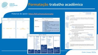 Fonte: Unesp, 2023a.
Formatação trabalho acadêmico
Material de apoio: https://bit.ly/manualunespta
 