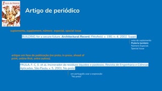 Artigo de periódico
suplemento, supplement, número especial, special issue
BUILDING for a secure future. Architectural Record, Pittsﬁeld, v. 190, n. 4, 2002. Suppl.
nota de suplemento
Poderia também:
Número Especial.
Special Issue
artigos em fase de publicação (no prelo, in press, ahead of
print, online ﬁrst, entre outros)
PAULA, F. C. E. et al. Incinerador de resíduos líquidos e pastosos. Revista de Engenharia e Ciências
Aplicadas, São Paulo, v. 5, 2001. No prelo.
em português usar a expressão
“No prelo”
 