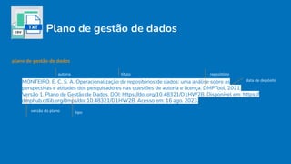 Plano de gestão de dados
plano de gestão de dados
MONTEIRO. E. C. S. A. Operacionalização de repositórios de dados: uma análise sobre as
perspectivas e atitudes dos pesquisadores nas questões de autoria e licença. DMPTool, 2021.
Versão 1. Plano de Gestão de Dados. DOI: https://doi.org/10.48321/D1HW2B. Disponível em: https://
dmphub.cdlib.org/dmps/doi:10.48321/D1HW2B. Acesso em: 16 ago. 2023.
tipo
autoria título repositório
data de depósito
versão do plano
 