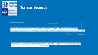 Normas técnicas
ASSOCIAÇÃO BRASILEIRA DE NORMAS TÉCNICAS. ABNT NBR 6021: informação e
documentação: publicação periódica e/ou cientíﬁca: apresentação. Rio de Janeiro: ABNT, 2015.
ano
associação/organização
título da norma
local publicador
International Organization for Standardization. ISO/TS 11405:2015: dentistry: testing of
adhesion to tooth structure. Geneva: ISO, 2015.
 