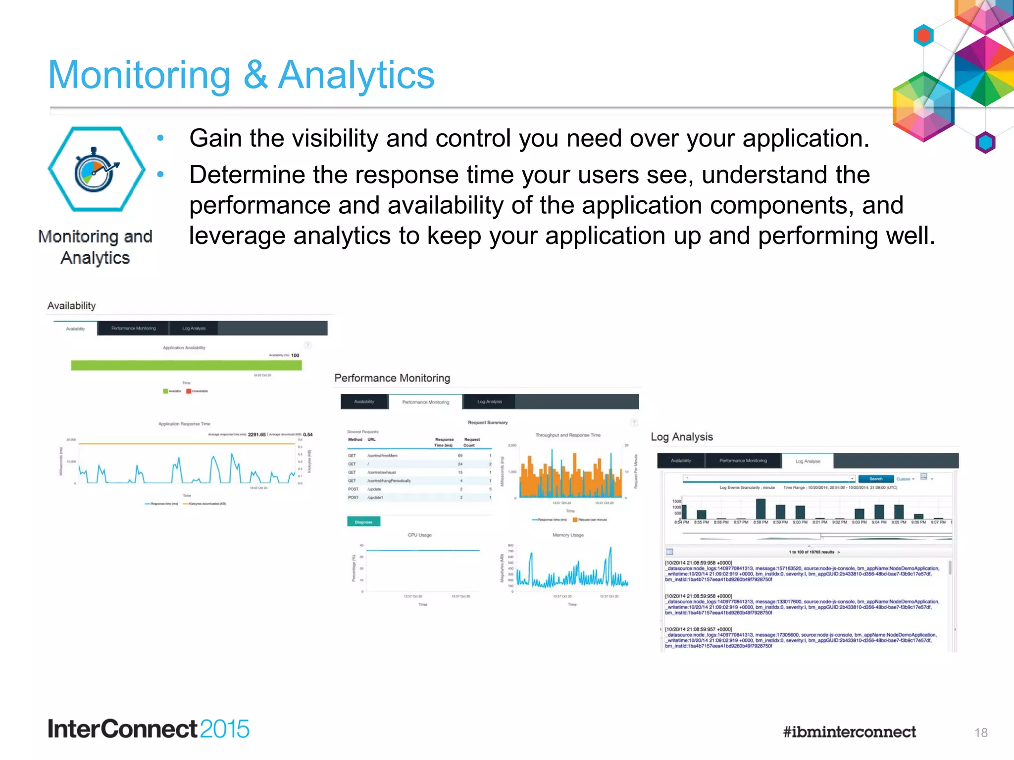 Monitoring & Analytics
• Gain the visibility and control you need over your application.
• Determine the response time your users see, understand the
performance and availability of the application components, and
leverage analytics to keep your application up and performing well.
18
 