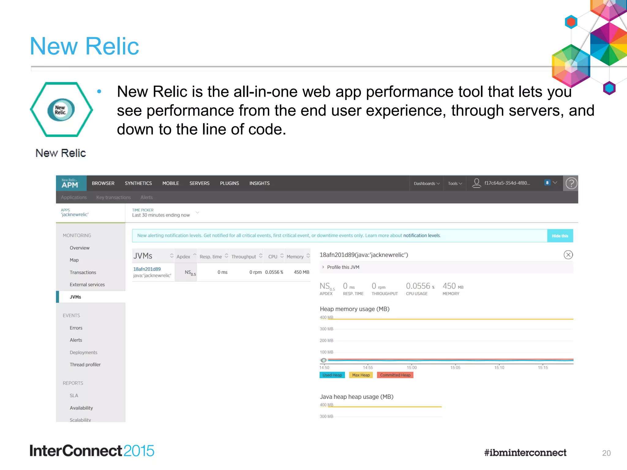 New Relic
• New Relic is the all-in-one web app performance tool that lets you
see performance from the end user experience, through servers, and
down to the line of code.
20
 