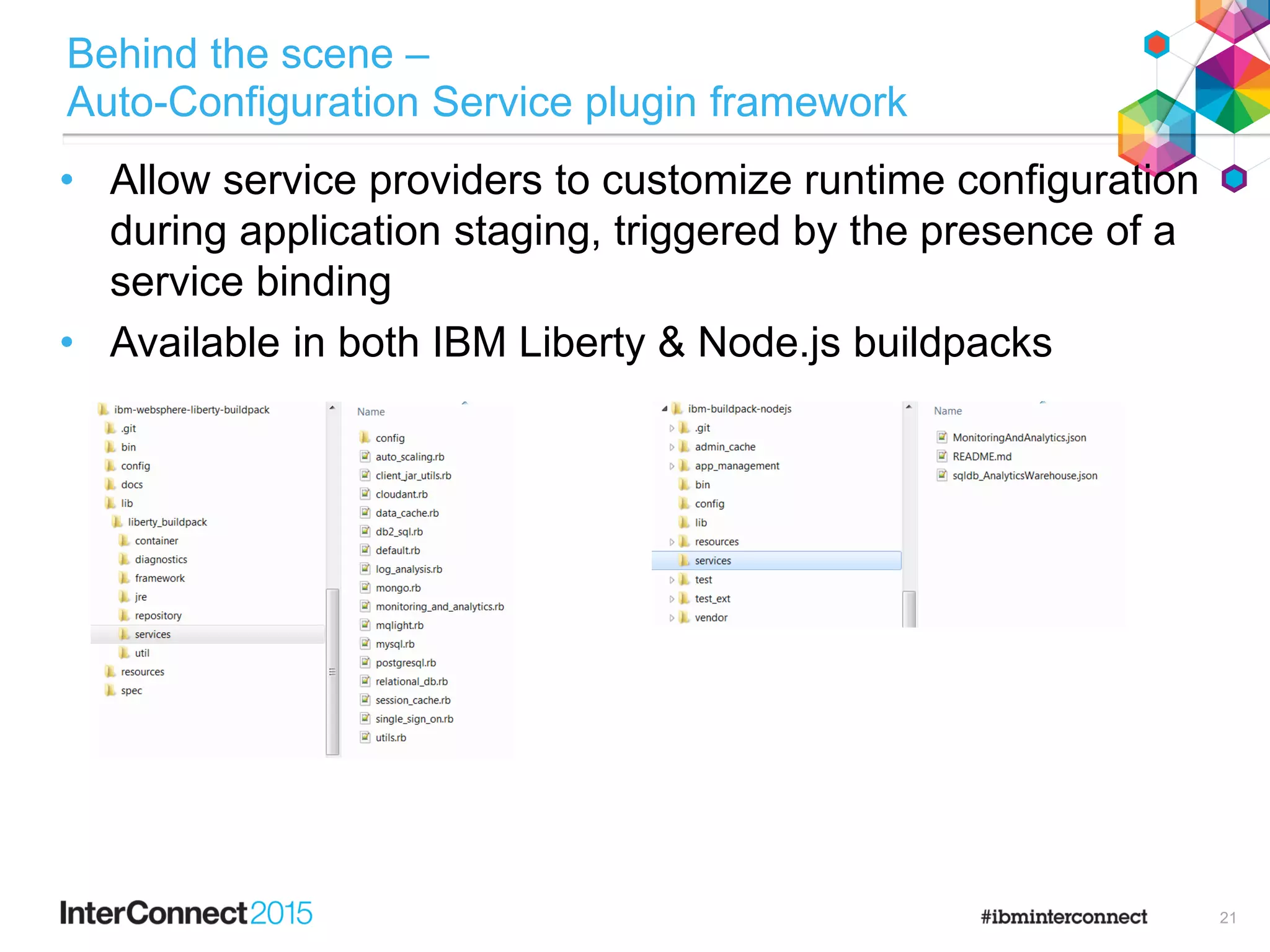 Behind the scene –
Auto-Configuration Service plugin framework
• Allow service providers to customize runtime configuration
during application staging, triggered by the presence of a
service binding
• Available in both IBM Liberty & Node.js buildpacks
21
 