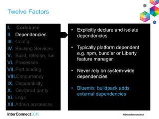 Twelve Factors
I. Codebase
II. Dependencies
III. Config
IV. Backing Services
V. Build, release, run
VI. Processes
VII.Port binding
VIII.Concurrency
IX. Disposability
X. Dev/prod parity
XI. Logs
XII.Admin processes
• Explicitly declare and isolate
dependencies
• Typically platform dependent
e.g. npm, bundler or Liberty
feature manager
• Never rely on system-wide
dependencies
• Bluemix: buildpack adds
external dependencies
 