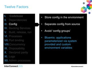 Twelve Factors
I. Codebase
II. Dependencies
III. Config
IV. Backing Services
V. Build, release, run
VI. Processes
VII.Port binding
VIII.Concurrency
IX. Disposability
X. Dev/prod parity
XI. Logs
XII.Admin processes
• Store config in the environment
• Separate config from source
• Avoid ‘config groups’
• Bluemix: applications
parameterized via system
provided and custom
environment variables
 