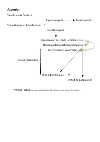 Anemia:
*Insuficiencia Cardiaca
                                          Esplenomegalia                     Trombopemias
*Hematopoyesis Extra Medular
                                            Hepatomegalia


                                    Comprensión del tejido Hepático
                                      Alteración del metabolismo hepático
                                           Hipertensión en vena Porta


         Edema Placentario




                                      Hipo Albuminemias            //
                                                                    Déficit de Coagulación


     *Anoxia Histica (carencia casi absoluta de oxígeno en los tejidos del cuerpo)
 