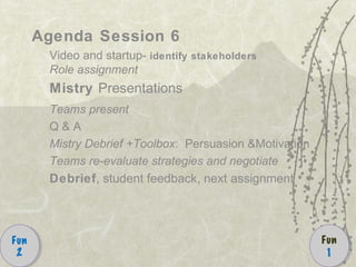 Agenda Session 6
Video and startup- identify stakeholders
Role assignment
Mistry Presentations
Teams present
Q & A
Mistry Debrief +Toolbox: Persuasion &Motivation
Teams re-evaluate strategies and negotiate
Debrief, student feedback, next assignment
Fun
1
Fun
11
Fun
2
Fun
2
 
