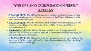 TYPES OF BLOOD GROUPS BASED ON PRESENT
ANTIGENS