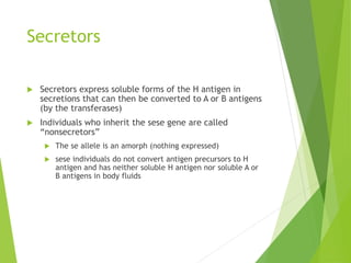 Secretors 
 Secretors express soluble forms of the H antigen in 
secretions that can then be converted to A or B antigens 
(by the transferases) 
 Individuals who inherit the sese gene are called 
“nonsecretors” 
 The se allele is an amorph (nothing expressed) 
 sese individuals do not convert antigen precursors to H 
antigen and has neither soluble H antigen nor soluble A or 
B antigens in body fluids 
 