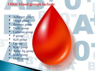 52
Other blood groups include
H singh
 Auberger groups
 Diego group
 Bombay group
 Duffy group
 Lutheran group
 P group
 Kell group
 I group
 Kidd group
 Sulter Xg group
 Kidd group
 Duffy group
 