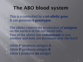 H singh 6
The ABO blood system
 This is a controlled by a tri-allelic gene
 It can generate 6 genotypes
 The alleles control the production of antigens
on the surface of the red blood cells
 Two of the alleles are codominant to one
another and both are dominant over the third
 Allele IA
produces antigen A
 Allele IB
produces antigen B
 Allele i produces no antigen
 