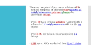 There are two potential precursors substance (PS)
both are comprised of identical sugar (galactos-N-
acetyl gluctosamin - galactose -glucose) but
different in linkage.
 Type I PS has a terminal galactose (Gal) linked to a
subterminal N acetylgucoseamine (GlcNAc) in 1-3
linkage
 Type II PS, has the same sugar combine in 1-4
linkage
 ABH Ags on RBCs are derived from Type II chains
 