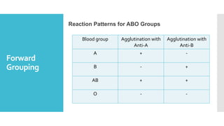 Forward
Grouping
Reaction Patterns for ABO Groups
Blood group Agglutination with
Anti-A
Agglutination with
Anti-B
A + -
B - +
AB + +
O - -
 