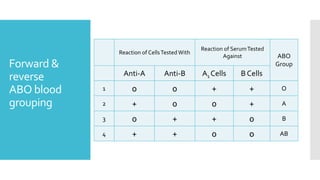 Forward &
reverse
ABO blood
grouping
Reaction of CellsTested With
Reaction of SerumTested
Against ABO
Group
Anti-A Anti-B A1 Cells B Cells
1 0 0 + + O
2 + 0 0 + A
3 0 + + 0 B
4 + + 0 0 AB
 