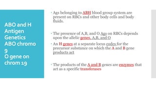 ABO and H
Antigen
Genetics
ABO chromo
9
O gene on
chrom 19
 Ags belonging to ABH blood group system are
present on RBCs and other body cells and body
fluids.
 The presence of A,B, and O Ags on RBCs depends
upon the allelic genes, A,B, and O
 An H genes at a separate locus codes for the
precursor substance on which the A and B gene
products act
 The products of the A and B genes are enzymes that
act as a specific transferases
 